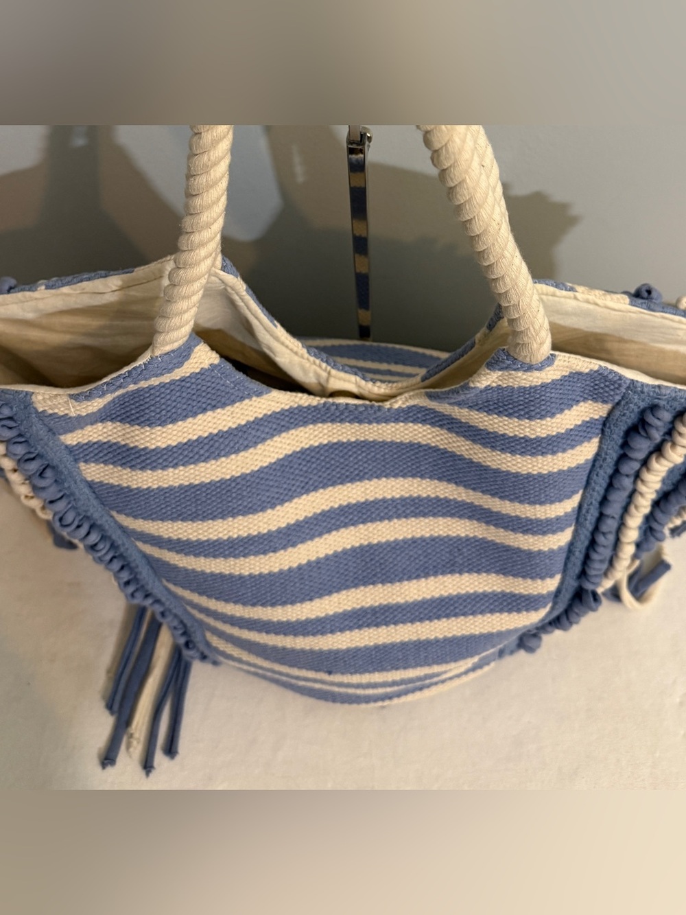 Striped Blue & Cream Fringe Tote Bag Rope Handles - Picture 13 of 16